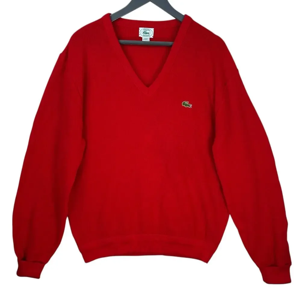 Vintage Izod Lacoste Sweater Mens Large Grandpa Christmas Red Vneck USA *READ*